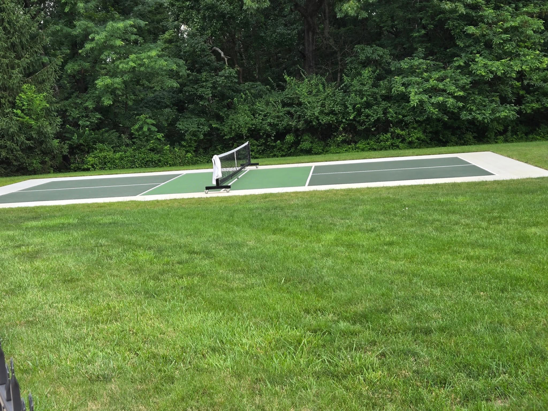 Backyard pickleball sport court with a poured concrete surround and green playing surface